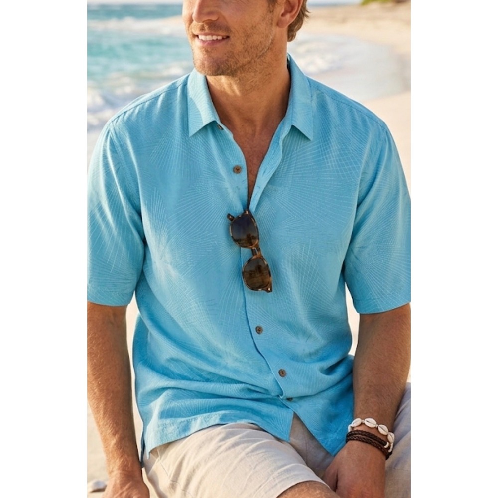 🔥Tommy Bahama🤑 Large 100% Silk Blue Textured Sunburst Camp Shirt Short Sleeve